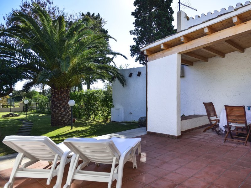 Gemütliche Sonnenliegen auf der Terrasse bieten einen Blick in den grünen Palmengarten Gemütliche Sonnenliegen auf der Terrasse bieten einen Blick in den grünen Palmengarten